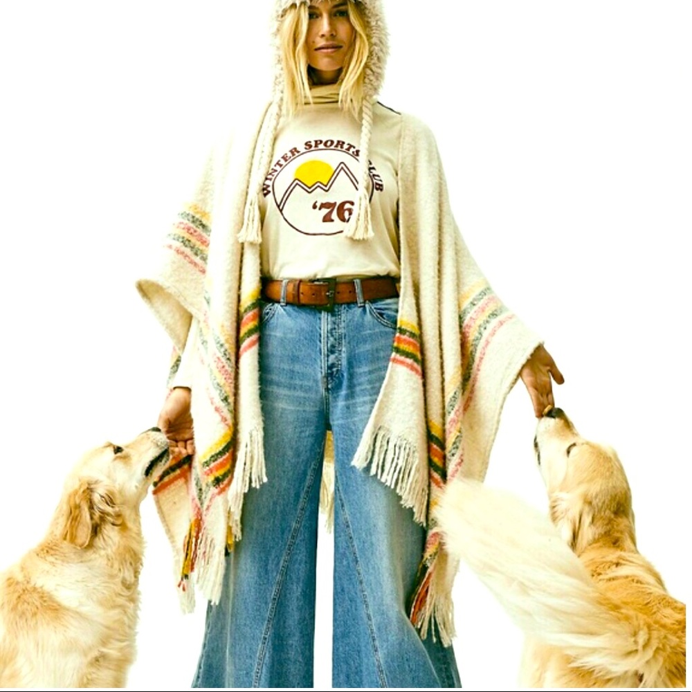 NWOT Free People wren plaid blanket wrap ivory OS